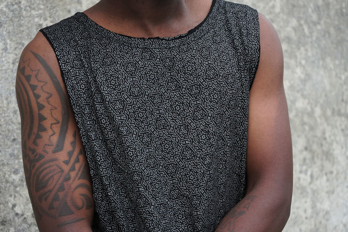 Men’s Geometric Shipibo Tank Top, Black Viscose Festival Shirt