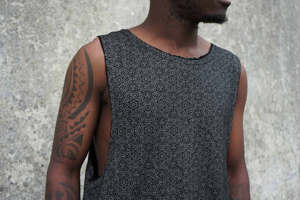 Men’s Geometric Shipibo Tank Top, Black Viscose Festival Shirt