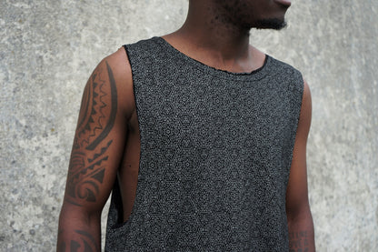 Men’s Geometric Shipibo Tank Top, Black Viscose Festival Shirt