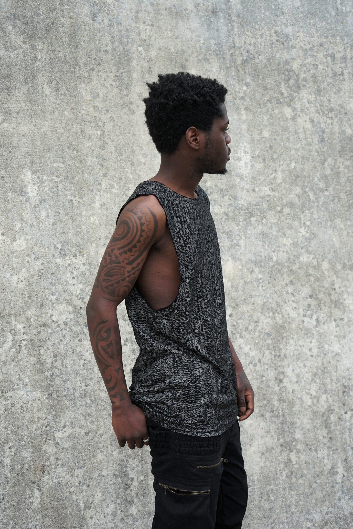 Men’s Geometric Shipibo Tank Top, Black Viscose Festival Shirt