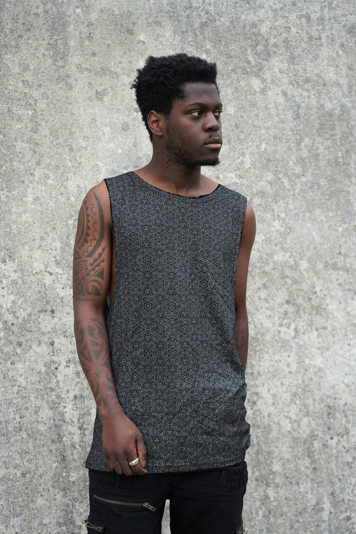 Men’s Geometric Shipibo Tank Top, Black Viscose Festival Shirt