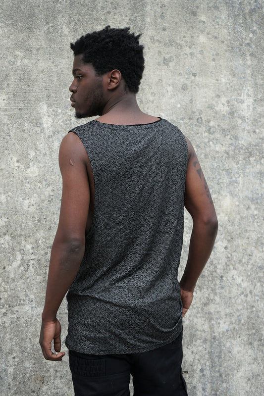 Men’s Geometric Shipibo Tank Top, Black Viscose Festival Shirt