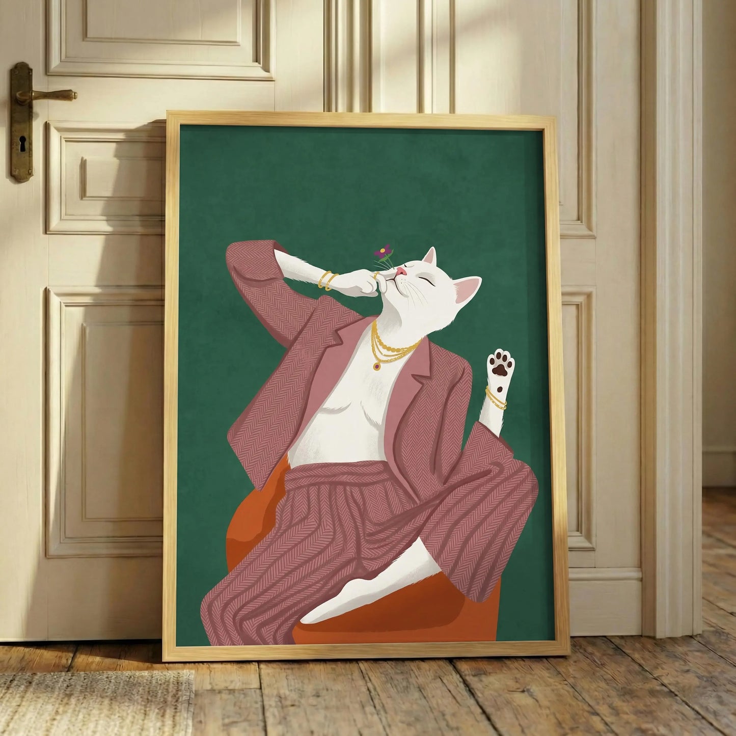 Chic White Cat Art Print, Relaxed Feline Wall Decor, Minimal Cozy Cat print