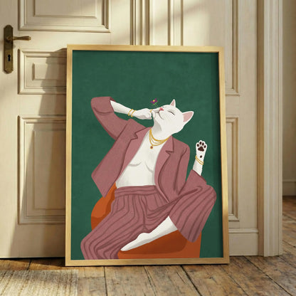 Chic White Cat Art Print, Relaxed Feline Wall Decor, Minimal Cozy Cat print