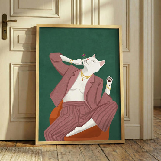 Chic White Cat Art Print, Relaxed Feline Wall Decor, Minimal Cozy Cat print