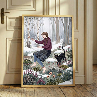 Girl in Winter Forest Print, Black Cat Wall Art, Moody Snowy Woodland style
