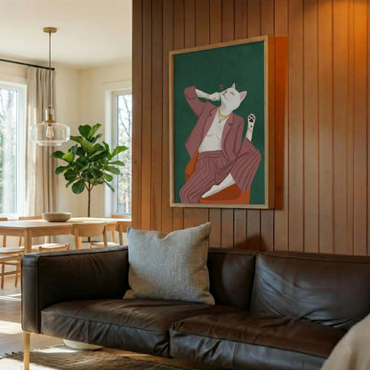 Chic White Cat Art Print, Relaxed Feline Wall Decor, Minimal Cozy Cat print