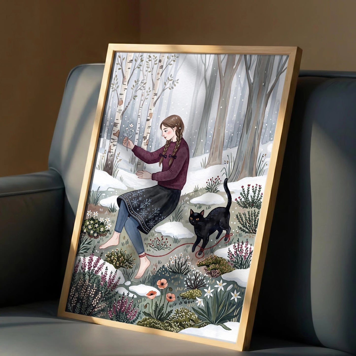 Girl in Winter Forest Print, Black Cat Wall Art, Moody Snowy Woodland style