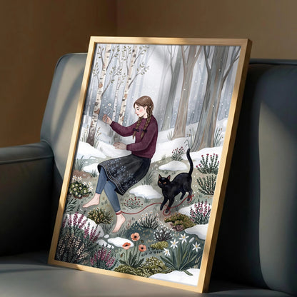 Girl in Winter Forest Print, Black Cat Wall Art, Moody Snowy Woodland style