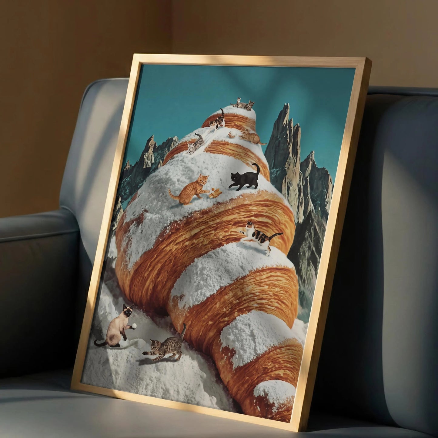 Surreal Croissant Cat Art, Whimsical Food Wall Decor, Cute Kitchen Canvas