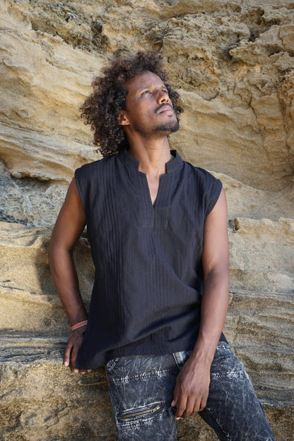 Men’s Layered Tribal Top, Hooded T-Shirt, Alternative Streetwear
