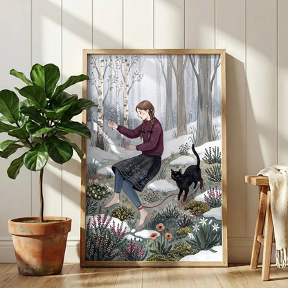 Girl in Winter Forest Print, Black Cat Wall Art, Moody Snowy Woodland style