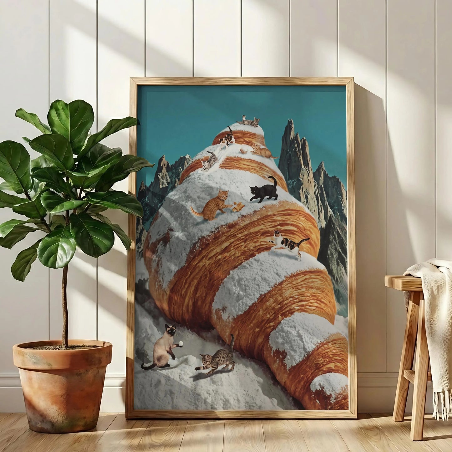 Surreal Croissant Cat Art, Whimsical Food Wall Decor, Cute Kitchen Canvas