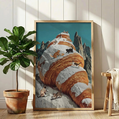 Surreal Croissant Cat Art, Whimsical Food Wall Decor, Cute Kitchen Canvas
