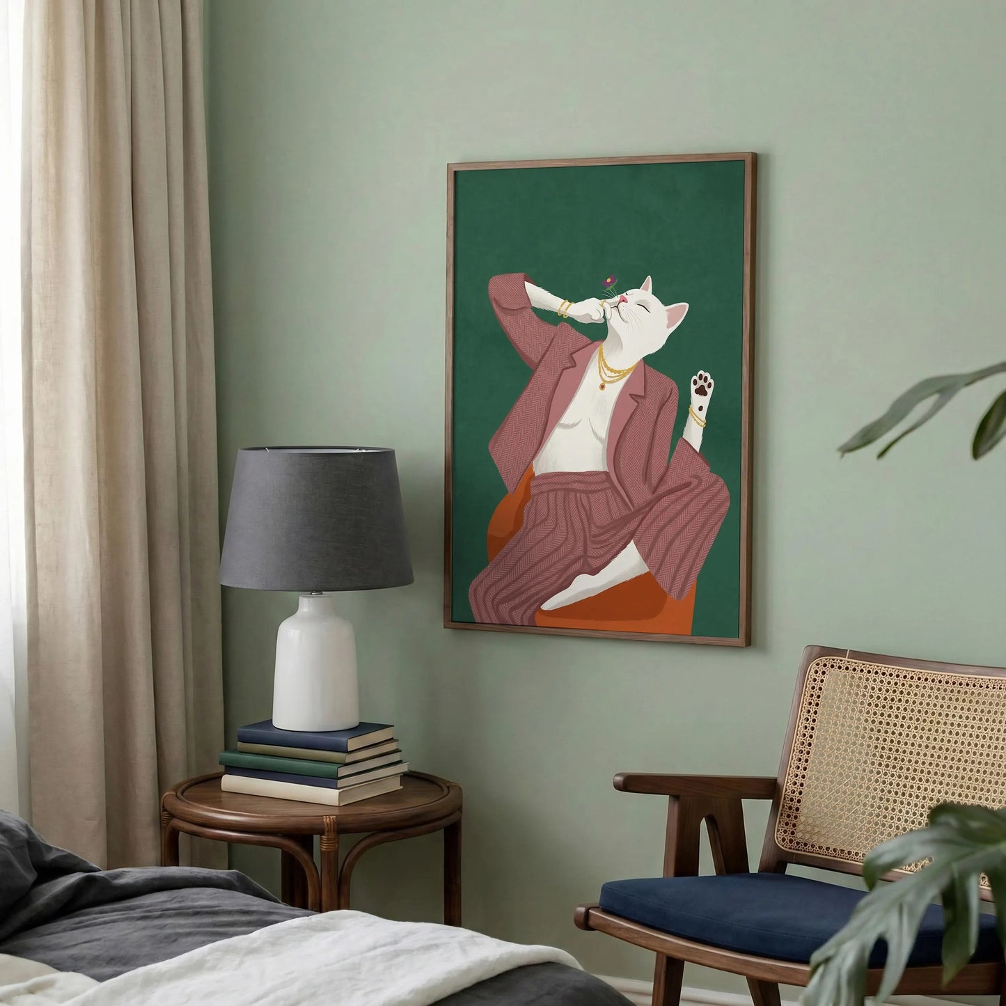 Chic White Cat Art Print, Relaxed Feline Wall Decor, Minimal Cozy Cat print