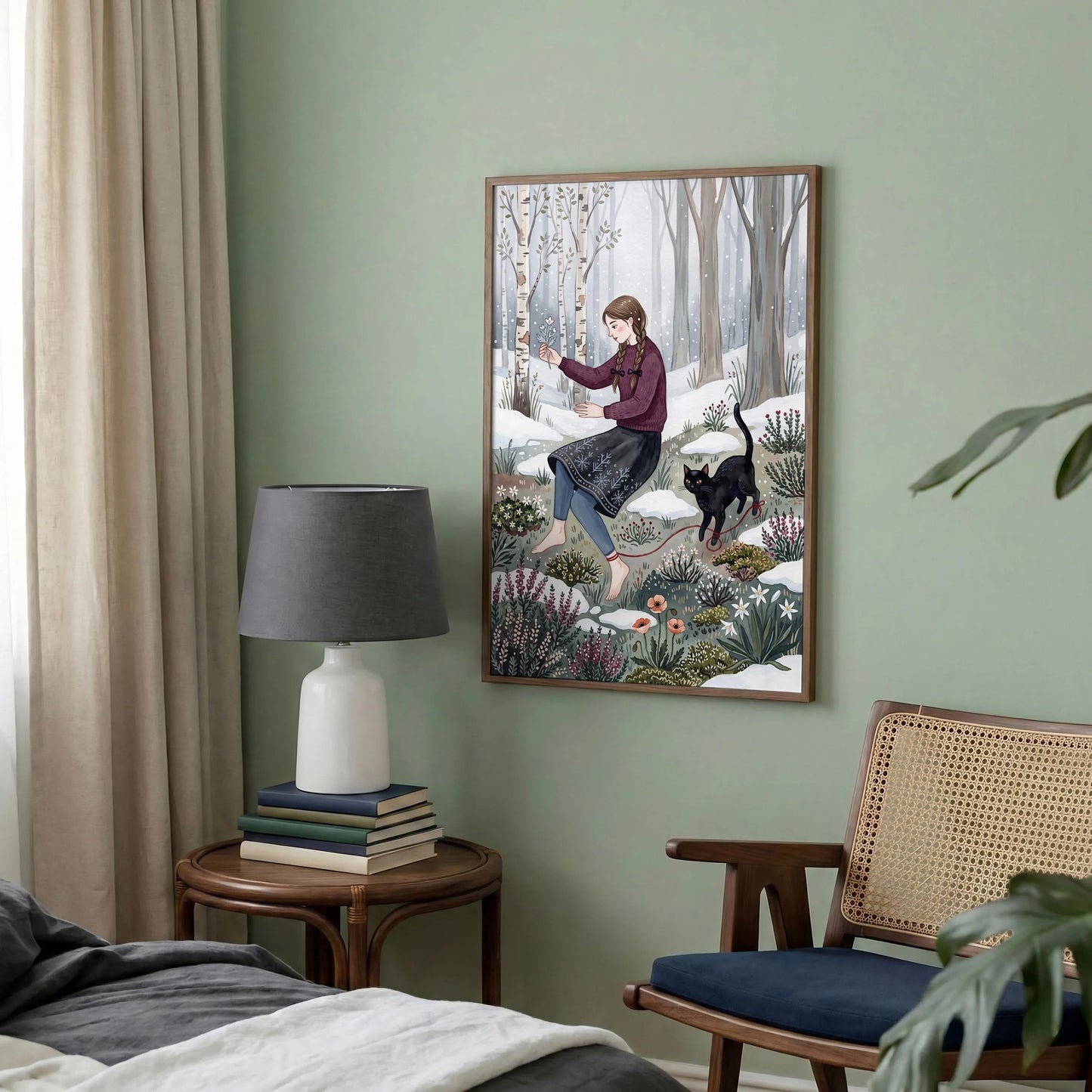 Girl in Winter Forest Print, Black Cat Wall Art, Moody Snowy Woodland style