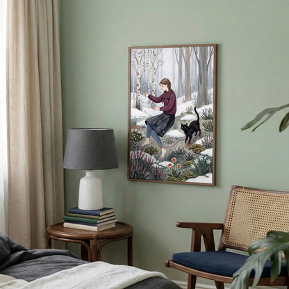 Girl in Winter Forest Print, Black Cat Wall Art, Moody Snowy Woodland style