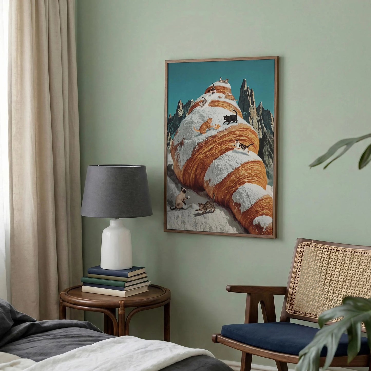 Surreal Croissant Cat Art, Whimsical Food Wall Decor, Cute Kitchen Canvas