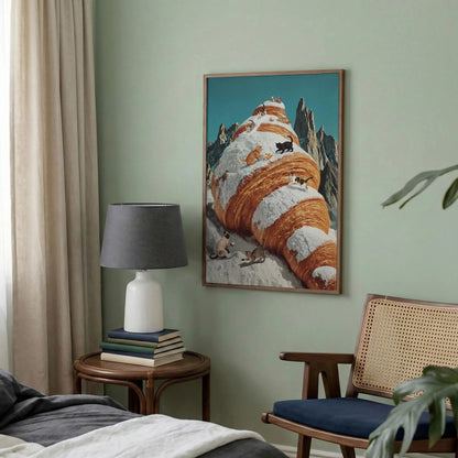 Surreal Croissant Cat Art, Whimsical Food Wall Decor, Cute Kitchen Canvas
