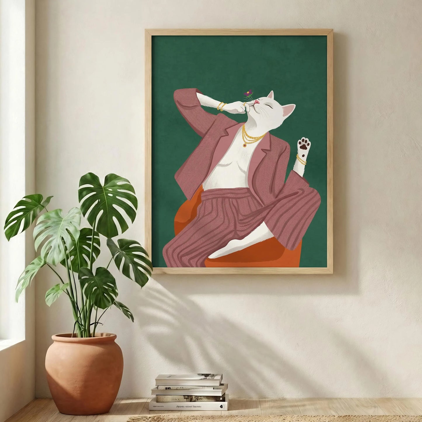 Chic White Cat Art Print, Relaxed Feline Wall Decor, Minimal Cozy Cat print
