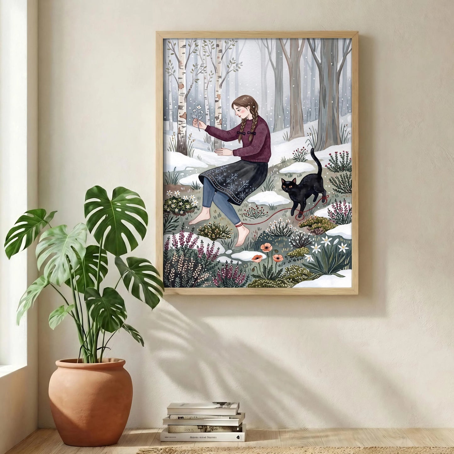 Girl in Winter Forest Print, Black Cat Wall Art, Moody Snowy Woodland style