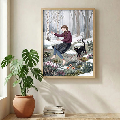 Girl in Winter Forest Print, Black Cat Wall Art, Moody Snowy Woodland style