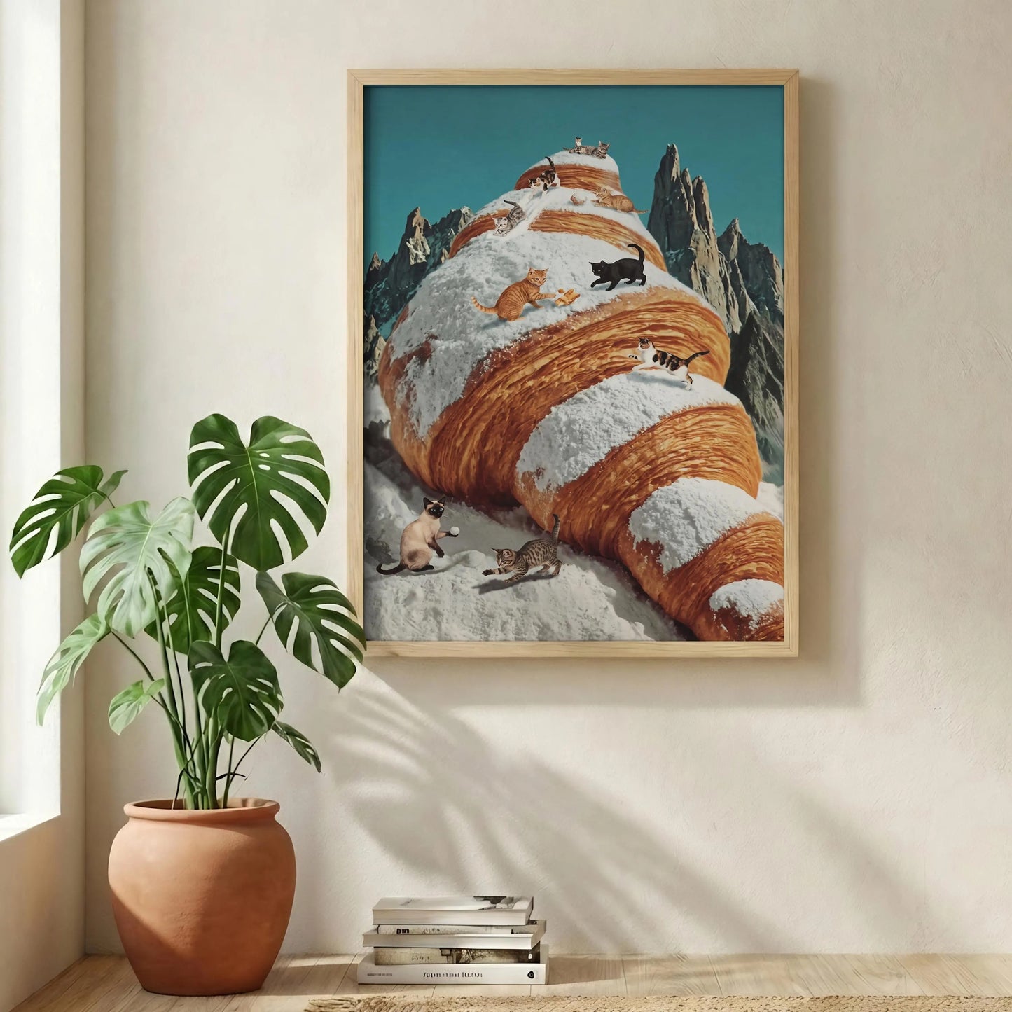 Surreal Croissant Cat Art, Whimsical Food Wall Decor, Cute Kitchen Canvas