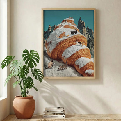 Surreal Croissant Cat Art, Whimsical Food Wall Decor, Cute Kitchen Canvas