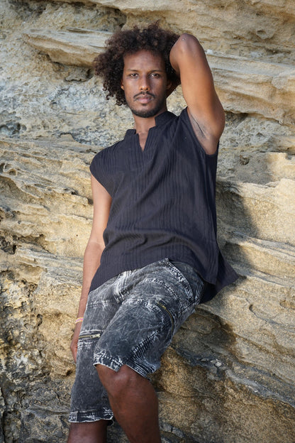 Men’s Layered Tribal Top, Hooded T-Shirt, Alternative Streetwear
