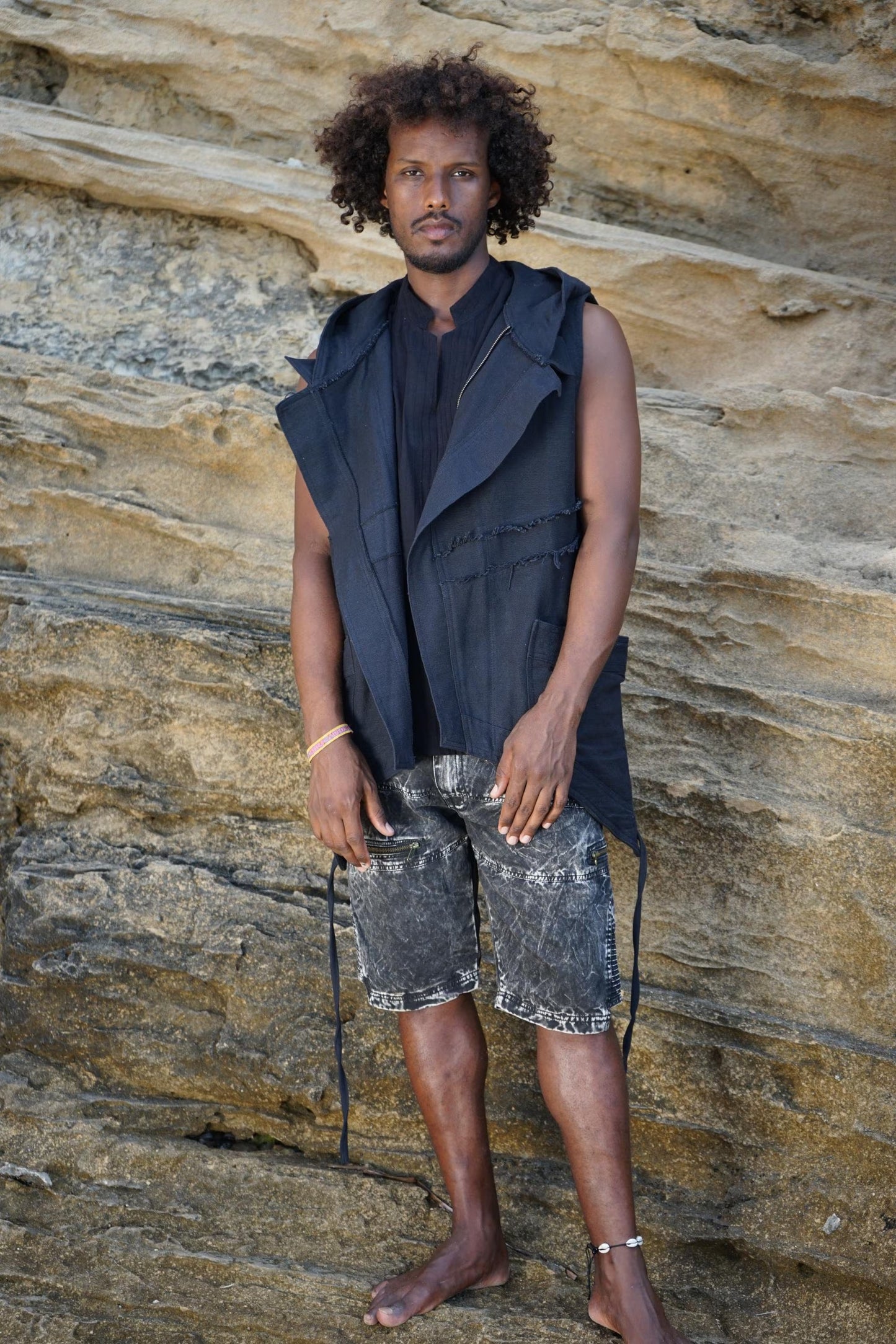 Men’s Bedouin Vest, Black Hooded Tribal Waistcoat, Hippie Festival Clothing