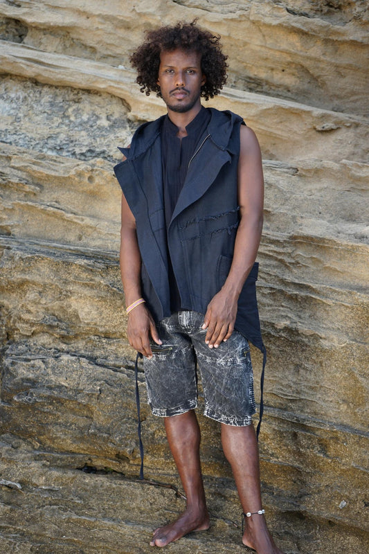 Men’s Bedouin Vest, Black Hooded Tribal Waistcoat, Hippie Festival Clothing