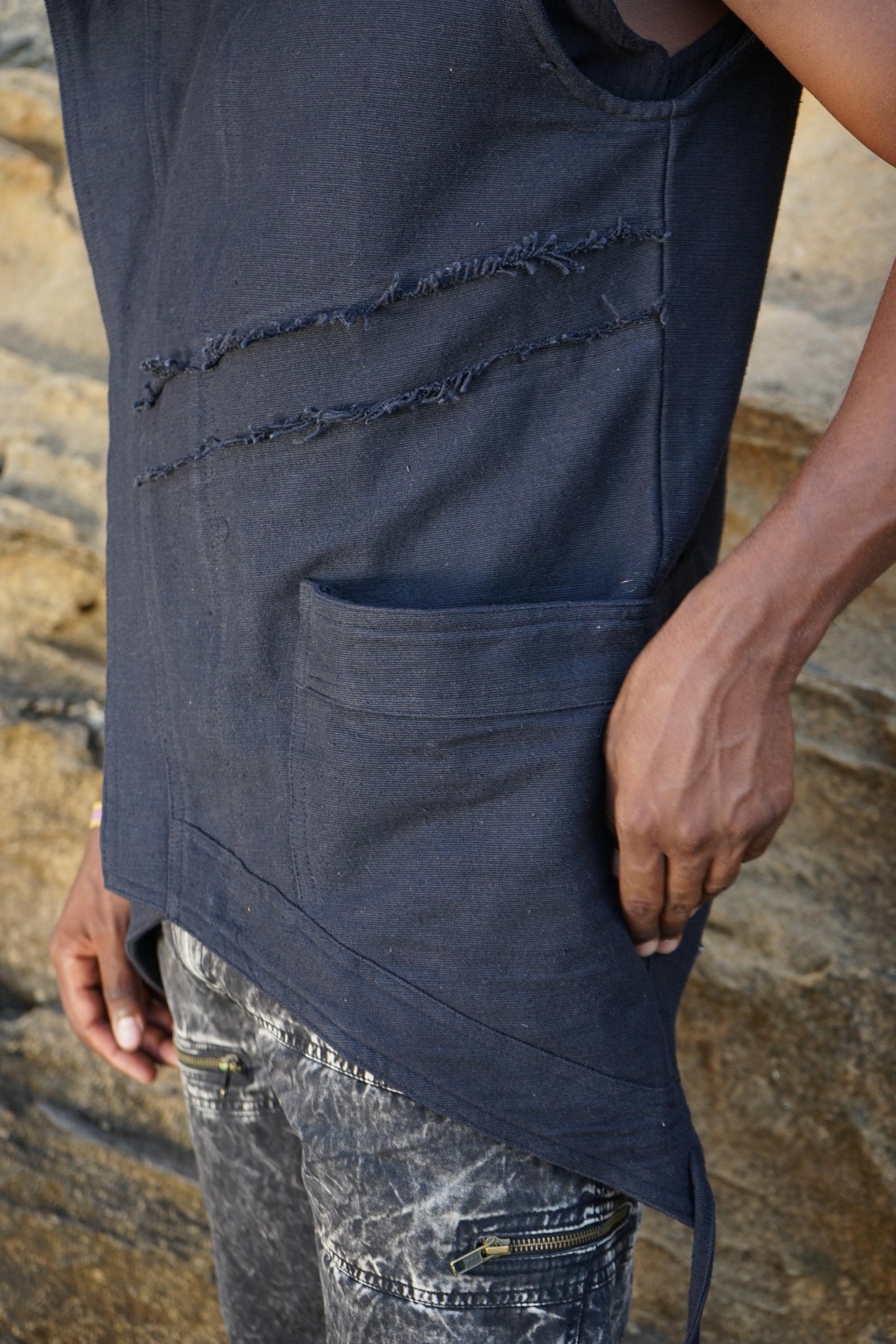 Men’s Bedouin Vest, Black Hooded Tribal Waistcoat, Hippie Festival Clothing