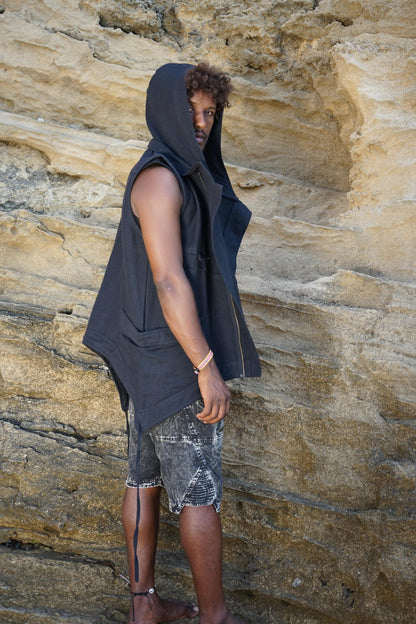 Men’s Bedouin Vest, Black Hooded Tribal Waistcoat, Hippie Festival Clothing