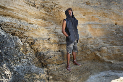 Men’s Bedouin Vest, Black Hooded Tribal Waistcoat, Hippie Festival Clothing