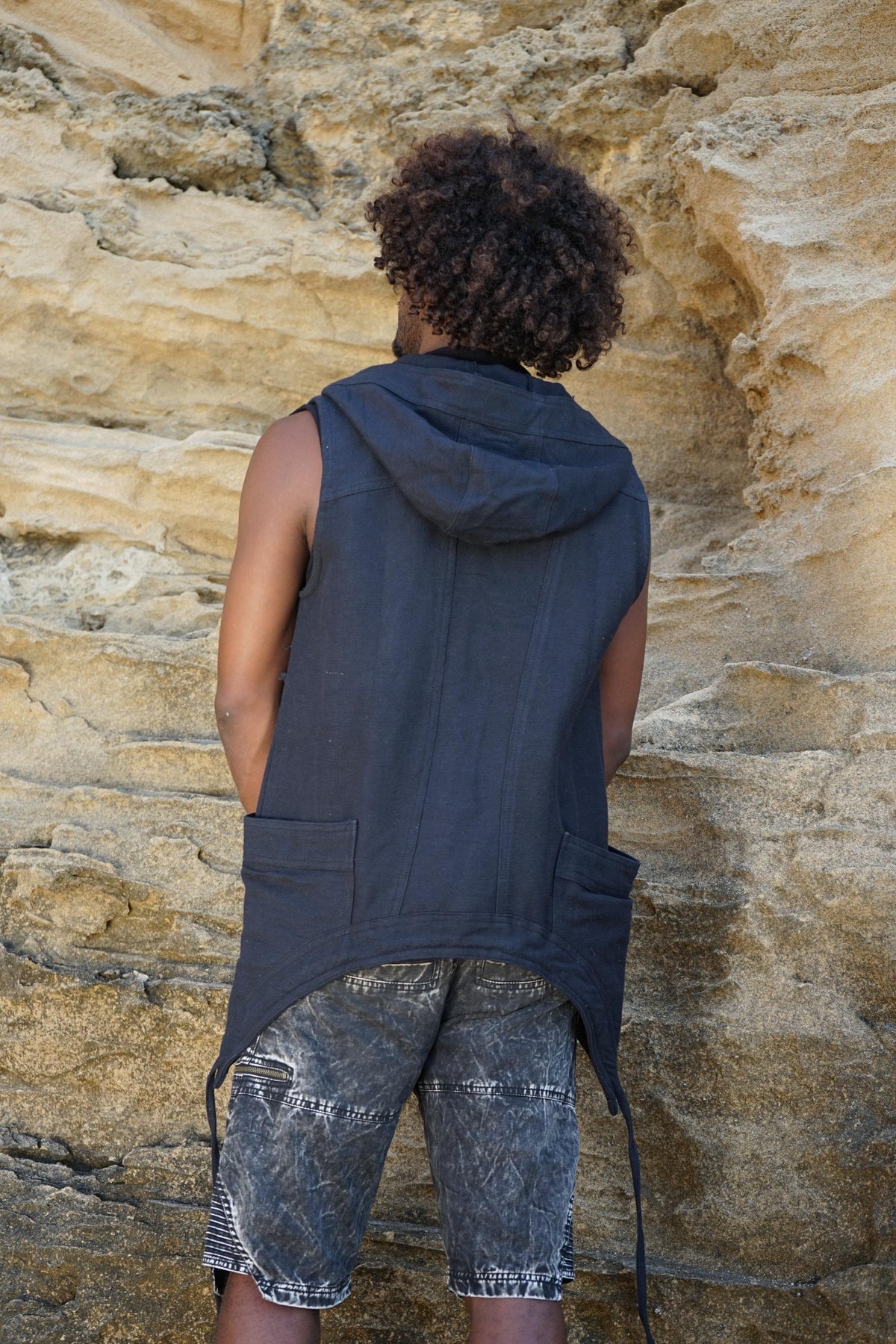 Men’s Bedouin Vest, Black Hooded Tribal Waistcoat, Hippie Festival Clothing